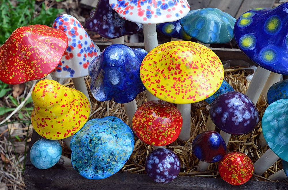Ceramic Mushrooms: Crystal Pack.   Outdoor Decoration, Colorful Garden Stakes,  Home Decor