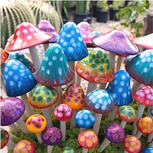 Frost Proof Ceramic Mushrooms – Gumdrop Collection | Handmade Garden Decor Gift | Colorful Outdoor Art by RooPottery (3, 5, or 7 Pack)