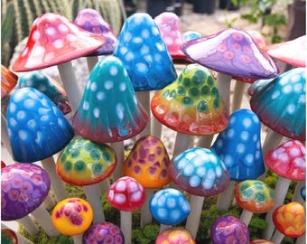 Frost Proof Ceramic Mushrooms – Gumdrop Collection | Handmade Garden Decor Gift | Colorful Outdoor Art by RooPottery (3, 5, or 7 Pack)