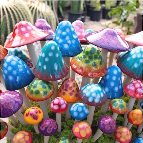 Frost Proof Ceramic Mushrooms – Gumdrop Collection | Handmade Garden Decor Gift | Colorful Outdoor Art by RooPottery (3, 5, or 7 Pack)