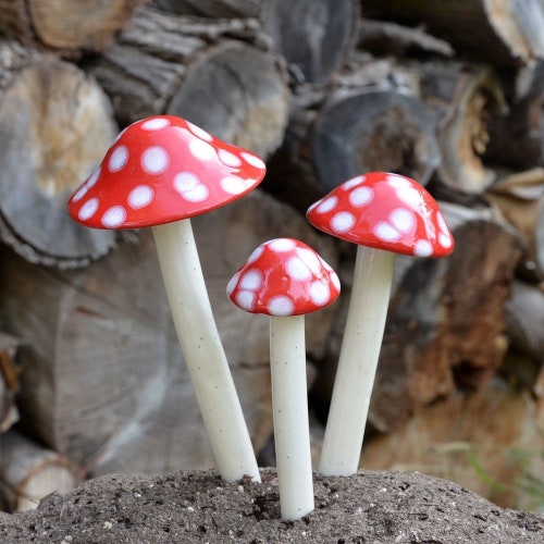 Red Polka Ceramic Mushroom.  Garden Stake Garden Art Garden Accessory Red with White Mushroom