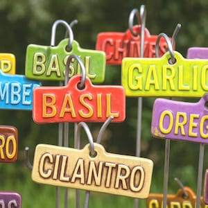 May include: A collection of colorful garden plant markers with names like basil, cilantro, and oregano. Each marker is a different color, with the plant name in a contrasting color. The markers are attached to metal stakes.