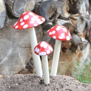 Red Polka Dot Ceramic Mushroom Set – Handmade Garden Decor