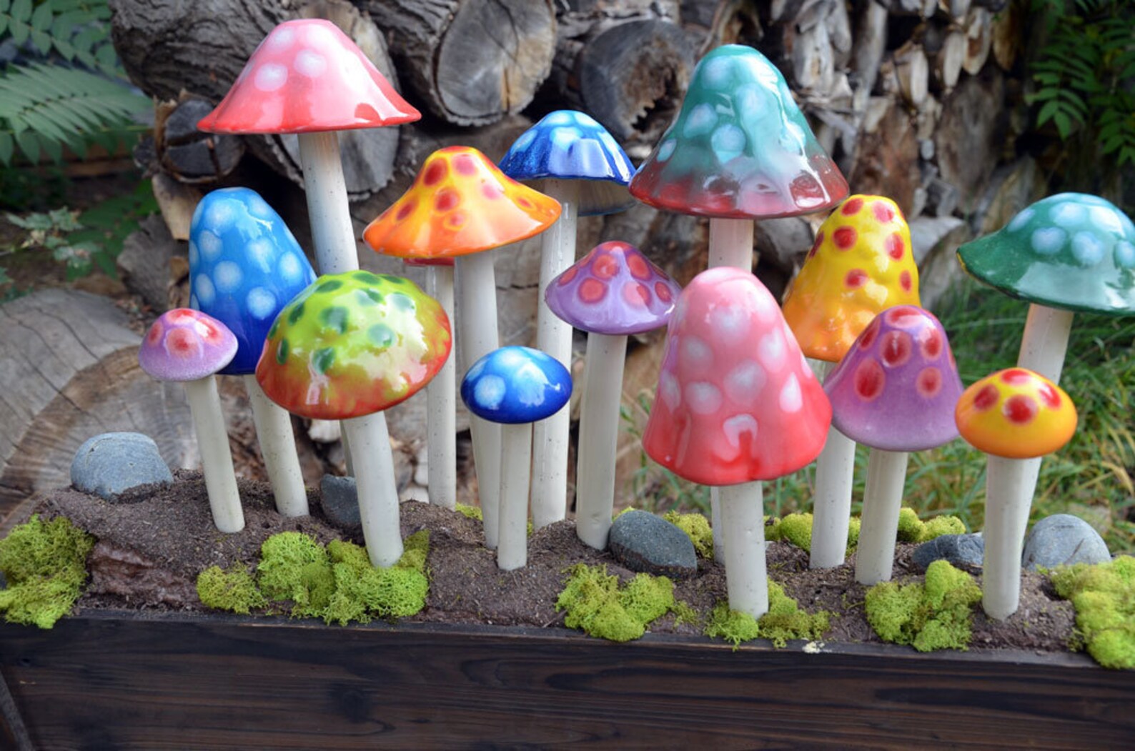 Frost Proof Ceramic Mushrooms – Gumdrop Collection | Handmade Garden Decor Gift | Colorful Outdoor Art by RooPottery (3, 5, or 7 Pack) - 3-Pack Classic