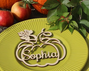 Pumpkin shape place cardLaser cutThanksgiving table decorsThanksgiving place cardsPumpkin decorCustomThanksgiving name signThanksgiving deco