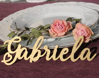 Custom Laser Cut wood Name sign/Gold painted Place Setting Sign/Dinner Party Place Card /Wedding Escort Card/ Modern Calligraphy Party Decor