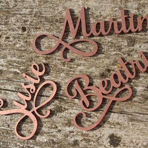 Puede incluir: Tres nombres de madera, Susie, Martin y Beatrice, est&aacute;n recortados en una escritura cursiva y pintados de color cobre. Los nombres est&aacute;n colocados sobre un fondo de madera r&uacute;stico.