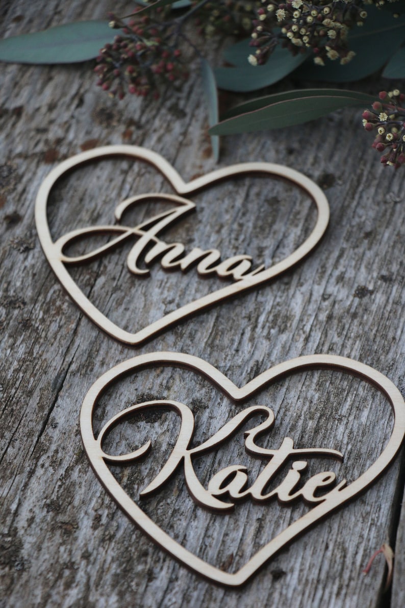 Laser cut custom wedding place namesCustom wood Heart signsWooden place cards WEDDING name cardsLaser cut namesHEART TAGS for wedding