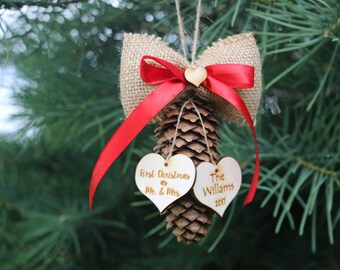 Couple Pine cone decoration/Mr&Mrs Custom First Christmas ornament married/Our first Christmas Ornament/couple Christmas decor