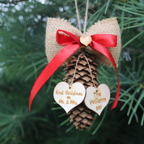 Couple Pine cone decoration/Mr&Mrs Custom First Christmas ornament married/Our first Christmas Ornament/couple Christmas decor