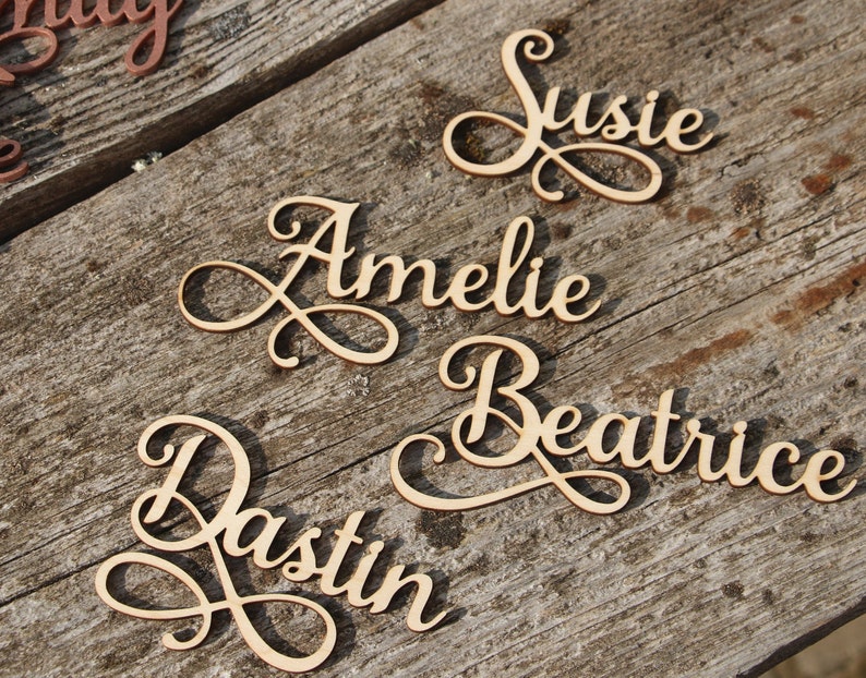 Laser cut wood names Custom Laser cut Name Signs Wedding place cards Laser cut wood signs Place setting signs Name plates zdjęcie 8