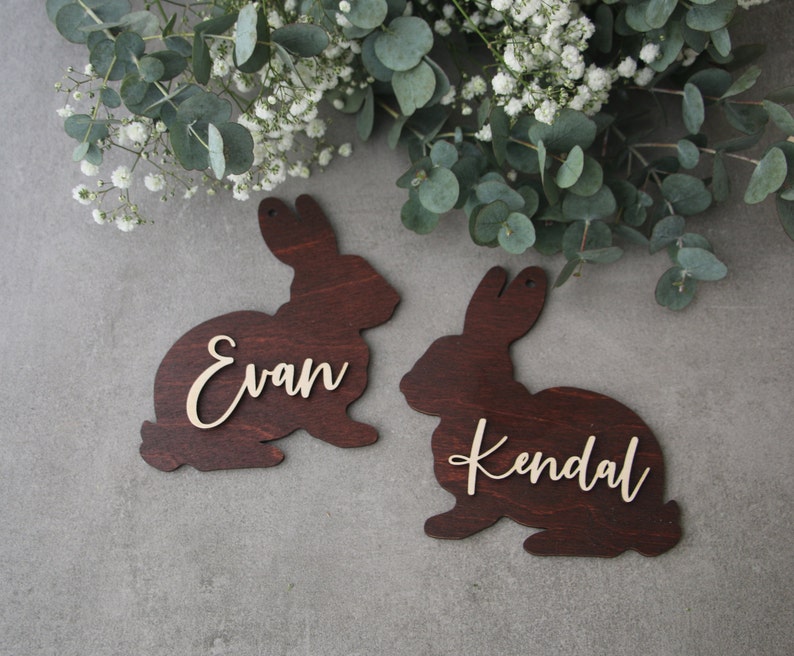 Rabbit tags Easter basket tag Rabbit Personalized Easter name tags Labels Gift tags Custom wooden name Easter basket Easter Rabbit decor image 2