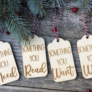 Christmas Wood Gift Tags: Something You Need, Read, Want, Wear - Set of 4