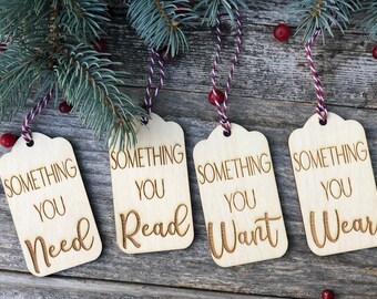 Christmas Wood Gift Tags: Something You Need, Read, Want, Wear - Set of 4