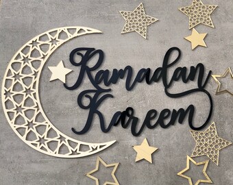Cartello Porta Eid Mubarak, Ornamento Porta Cava Ramadan Decorazioni Ramadan Decorazione a Forma di Luna Cartelli Ramadan Mubarak Appesi in Legno per Musulmani Islamici Casa Pareti