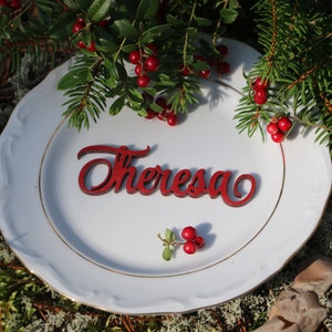 Targa con nome natalizio in legno tagliato al laser/Segnaposto/Segnaposto natalizio Biglietto con nome natalizio in legno/Decorazione moderna per feste in calligrafia