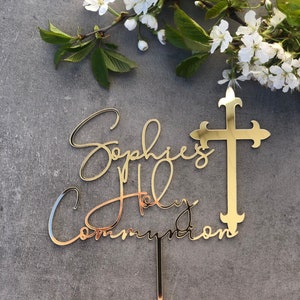 Personalized Gold Cross Cake Topper - Christening, Baptism, Communion