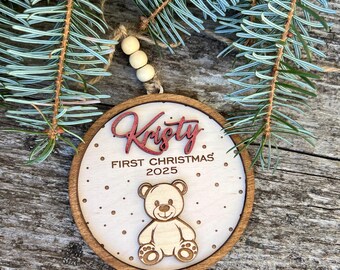 Primer adorno navideño de madera, adorno para árbol de Navidad, decoración para árbol de Navidad, adorno navideño personalizado, etiquetas de regalo de adornos de madera para etiqueta de regalo de Navidad