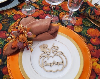 Pumpkin shape place cardLaser cutThanksgiving table decorsThanksgiving place cardsPumpkin decorCustomThanksgiving name signThanksgiving deco