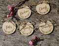 Custom engraved round tags,Personalized Wooden tags,Wood Heart,Heart Tags,Heart Favors,Wedding table name,laser cut place cards product logo