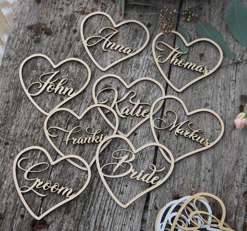 Laser cut custom wedding place namesCustom wood Heart signsWooden place cards WEDDING name cardsLaser cut namesHEART TAGS for wedding