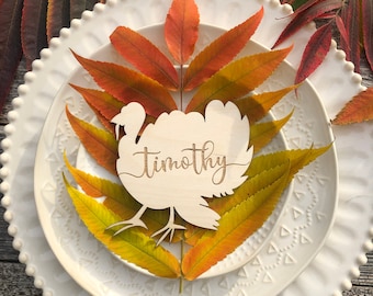 Turkey shape place cardLaser cutThanksgiving table decorsThanksgiving place cardsTurkey decorCustomThanksgiving name signThanksgiving deco