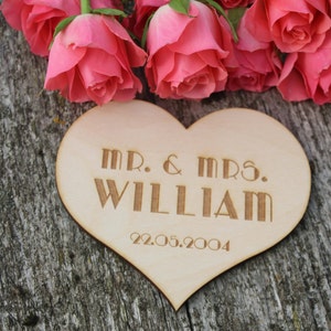 5&quot;Personalized WOOD wedding heart/Engraved wedding heart/art deco style engraved heart/Wooden heart for newlyweds/Heart with your names/