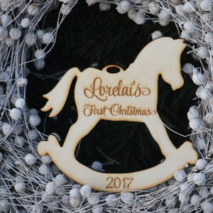 Personalized Wood Rocking Horse Ornament: Baby&#39;s First Christmas