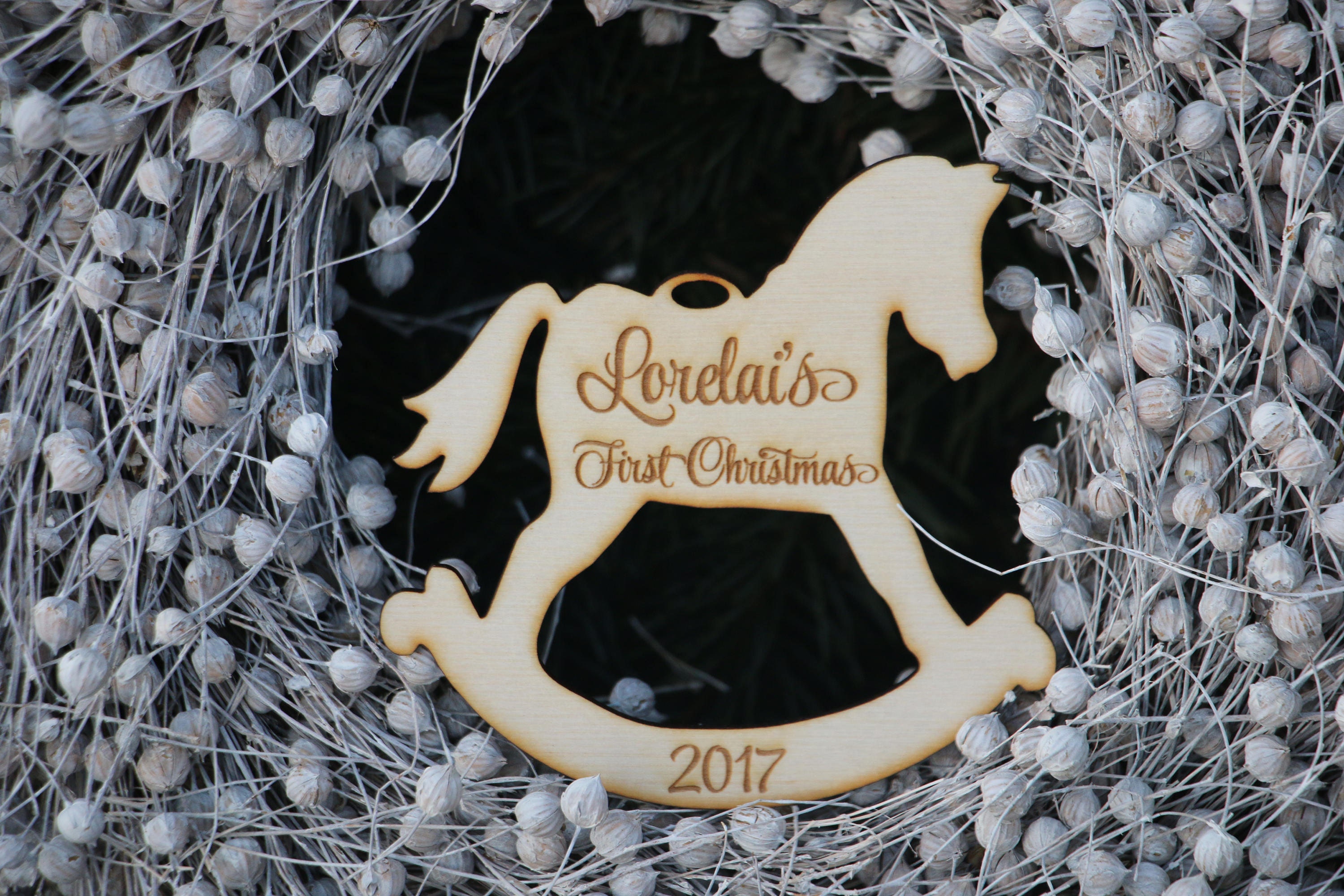 Personalized Wood Rocking Horse Ornament: Baby's First Christmas
