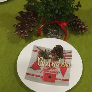 Taglio laser Natale posto nome/Custom legno natale segni/legno posto Card/Christmas tabella impostazione/Laser taglio nomi/tag personalizzati per Natale