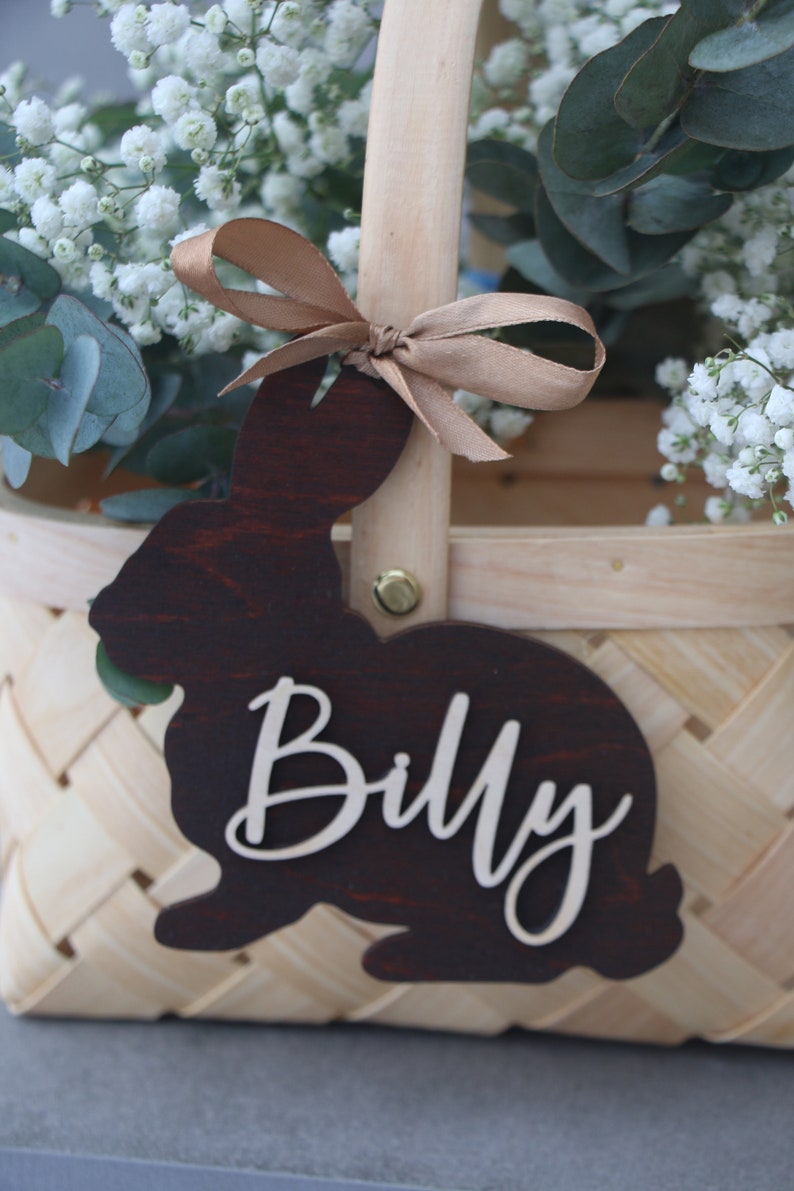 Rabbit tags Easter basket tag Rabbit Personalized Easter name tags Labels Gift tags Custom wooden name Easter basket Easter Rabbit decor image 3