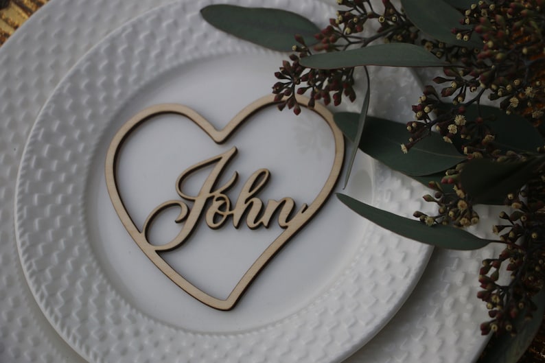 Laser cut custom wedding place namesCustom wood Heart signsWooden place cards WEDDING name cardsLaser cut namesHEART TAGS for wedding