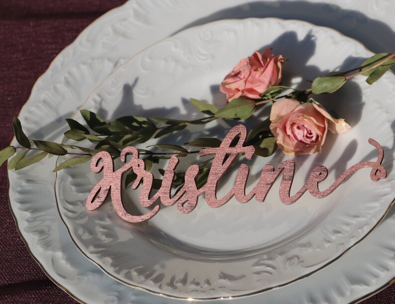 Laser Cut wood Wedding Name signsRose gold painted custom Laser cut Wedding Setting SignsWedding place cards Wedding table decors