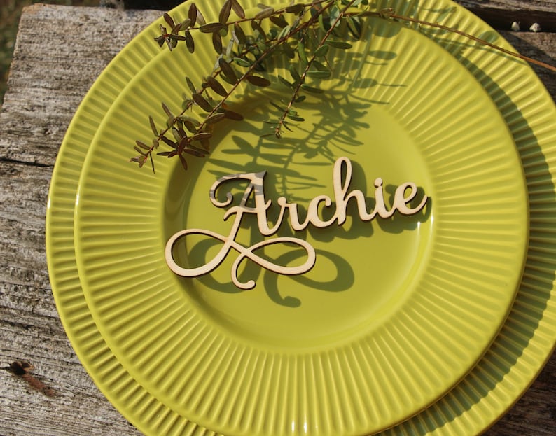 Laser cut wood names Custom Laser cut Name Signs Wedding place cards Laser cut wood signs Place setting signs Name plates image 3