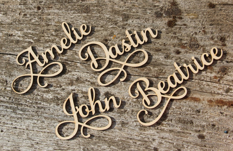 Laser cut wood names Custom Laser cut Name Signs Wedding place cards Laser cut wood signs Place setting signs Name plates zdjęcie 6