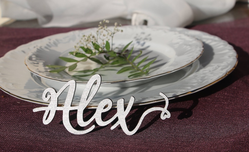 Laser Cut wood Wedding Name signsRose gold painted custom Laser cut Wedding Setting SignsWedding place cards Wedding table decors