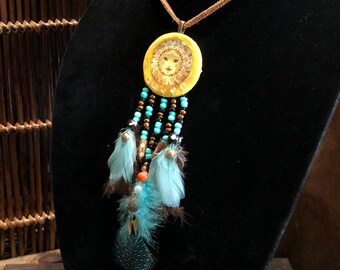 Tribal Style Sun Pendant Necklace, Southwestern, Bead and Feather Pendant | Boho Hippie Jewelry