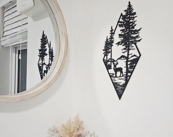 Wall art. Woodland Reindeer Silhouette Scene | Eco-Friendly Christmas Decor | Laser-Cut Birch Plywood | Holiday Wall Art