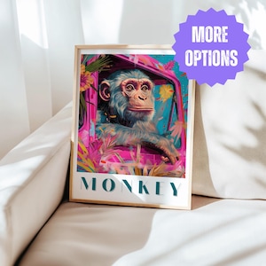 May include: A colorful poster with a monkey driving a pink car. The monkey is wearing a blue shirt and has a green background. The poster says "MONKEY" in teal blue letters.
