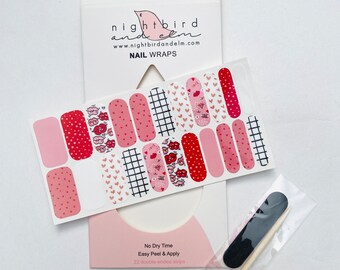 Valentines Nail Wraps Set of 22, Heart Nails, February Nail Stickers, Nails, Nail Polish Strips, Womens Nail Wraps, Gift For Her, lip nails