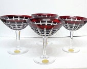 Set of 4 Elegant Mid Century Modern Ruby flashed and cut lead crystal Stemware Echt Bleikristall Christmas New Years Martini Champagne