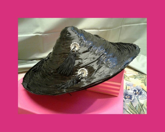 Vintage Hand Made Raffia Wide Brim Black Hat Rhine
