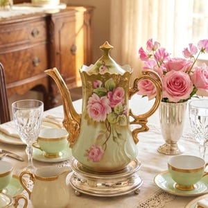 May include: A vintage tea set with a floral design. The set includes a teapot, teacups, a creamer, and a sugar bowl. The teapot is light green with pink roses and gold accents. A slice of cake with pink petals is on a plate.