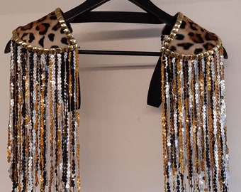 LIGHT FANTASTIC - Gold/silver/black sequin fringe epaulettes, leopard print shoulderpads, festival clothes