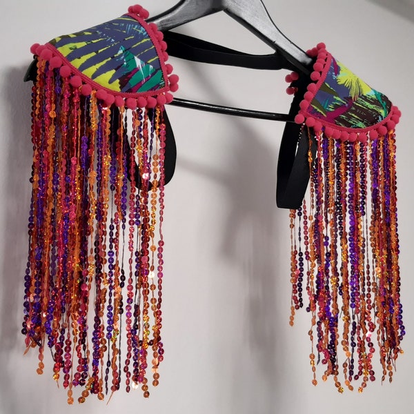 CUMBIA - Purple/pink/orange sequin fringe epaulettes, jungle leaf-print shoulder pads, festival clothes