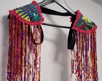 CUMBIA - Purple/pink/orange sequin fringe epaulettes, jungle leaf-print shoulder pads, festival clothes