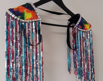 Sample: Turquoise, silver and pink sequin fringe epaulettes, outerspace shoulder pads, cosmic festival fashion