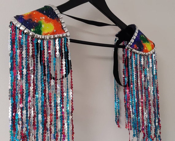 Sample: Turquoise, silver and pink sequin fringe epaulettes, outerspace shoulderpads, cosmic festival fashion