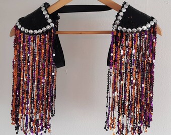 ADVENTURER - Black/purple/orange sequin fringe epaulettes, black sequin shoulderpads, festival clothes
