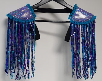 SWING OVER - Purple, royal blue and turquoise sequin fringe epaulettes, iridescent purple shoulderpads, festival fashion